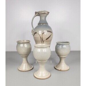 Studio pottery pitcher and cups signed Taylor Beautiful brown blue Wheat pattern